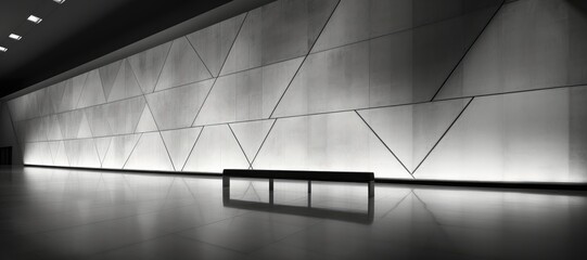 An abstract, wide-format, monochrome background image features a geometrically cut concrete wall, offering an inspiring backdrop for creative content. Photorealistic illustration