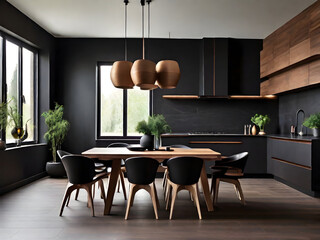 large kitchen room with modern interior design with wood table and chairs for home against the background a dark classic wall, Generative AI