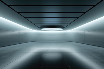 Obraz premium An abstract background image complements a futuristic room with smooth surfaces, minimalist design, and a skylight, offering a sleek setting for creative content. Photorealistic illustration