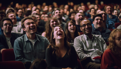 Young adults smiling, sitting in a large group, watching a movie generated by AI - obrazy, fototapety, plakaty