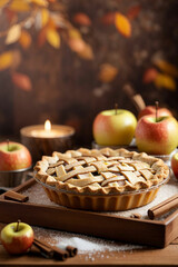 Fototapeta premium Sweet apple pie with sugar with apples in the blur background. Thanks Giving