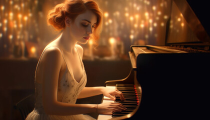 Young adult Caucasian woman musician playing piano with elegance and concentration generated by AI - obrazy, fototapety, plakaty