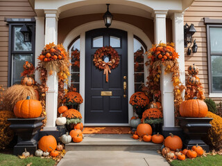 Thanks giving decorated house door with pumpkins and flowers.