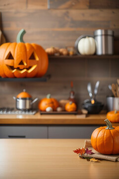 Thanks giving pumpkins isolated in kitchen with blur background. Thanks Giving