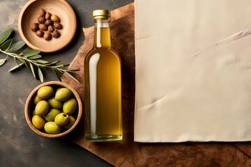 Obraz na płótnie Canvas Mock up with plump green olives and bottle of premium olive oil