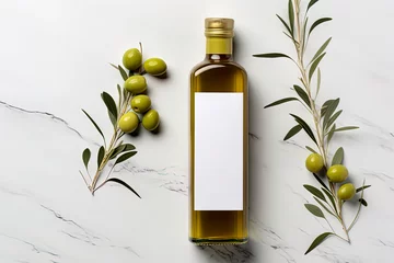 Foto auf Glas Mock up with plump green olives and bottle of premium olive oil © IonelV
