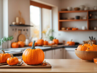 Thanks giving pumpkins isolated in kitchen with blur background. Thanks Giving