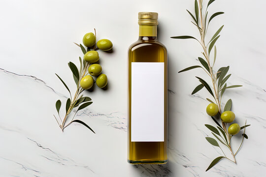 Mock up with plump green olives and bottle of premium olive oil