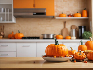 Thanks giving pumpkins isolated in kitchen with blur background. Thanks Giving
