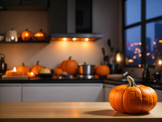 Obraz premium Thanks giving pumpkins isolated in kitchen at night with blur background. Thanks Giving