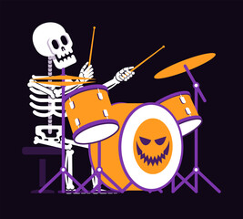 Skeleton drummer plays a drum set. Halloween skeleton plays the drums. Looping animation with alpha channel.