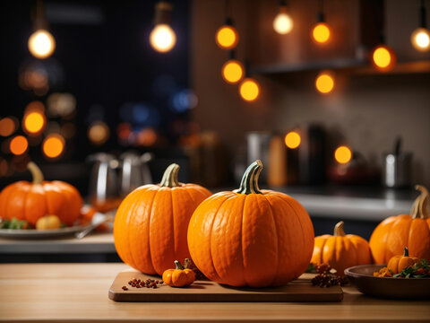 Thanks giving pumpkins isolated in kitchen at night with blur background. Thanks Giving