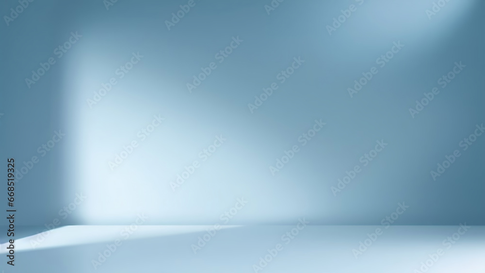 Poster Minimal abstract simple light blue background for product presentation. Shadow and light from windows on plaster wall.