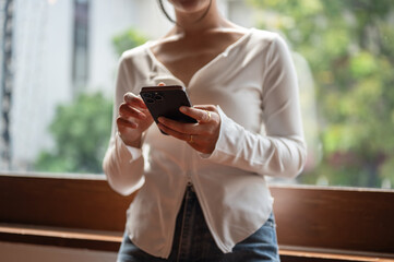 Cropped image of a beautiful woman using her smartphone by the window indoors. texting, chatting