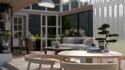 Close-up image of a copy space on a wooden table in a modern and comfortable living room.