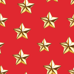 Seamless pattern of realistic 3d glossy golden star. Decorative 3d winner emblem, Christmas star element. Happy New Year vector illustration for greeting card, wallpaper, wrapping paper, fabric