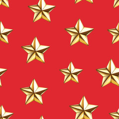 Obraz premium Seamless pattern of realistic 3d glossy golden star. Decorative 3d winner emblem, Christmas star element. Happy New Year vector illustration for greeting card, wallpaper, wrapping paper, fabric