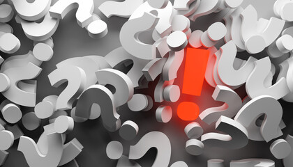 Concept background with glowing exclamation marks between various question marks, 3d rendering