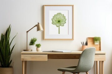 Home workplace, work from home, wooden chair and desk near white wall with botanic mockup poster frame. 