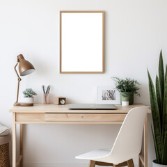 Home workplace, work from home, wooden chair and desk near white wall with blank mockup poster frame. Transparent png