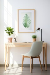 Home workplace, work from home, wooden chair and desk near white wall with botanic mockup poster frame. 