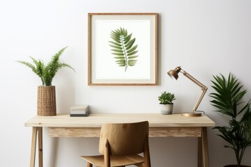 Home workplace, work from home, wooden chair and desk near white wall with botanic mockup poster frame. 