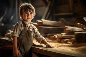 Diligent Carpenter boy sawmill. Craft worker. Generate Ai
