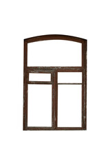 Arched wooden old antique weathered 19th century window isolated on white background.