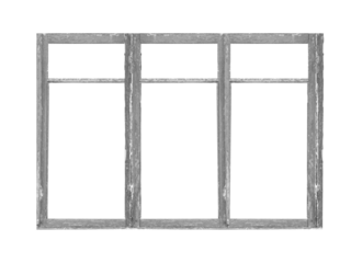 Old big gray wooden window frame with six sashes isolated on transparent background.