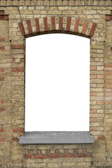 Decorative brick arched vintage window frame in 19th century style.	
