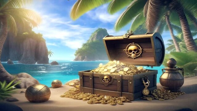 Pirate Treasure Chest on an Island with Natural Panorama background. Seamless looping virtual animation illustration