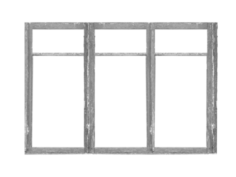 Old big gray wooden window frame with six sashes isolated on transparent background.