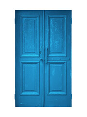Old shabby blue textured wooden doors is isolated on transparent background.	