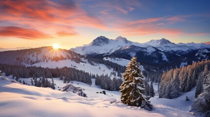 Stunning sunrise over snowy mountain peaks