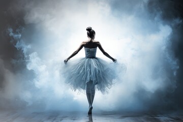 Ballerina silhouette in a fluffy dress on stage in clouds of smoke and spotlights. Generated by artificial intelligence - obrazy, fototapety, plakaty
