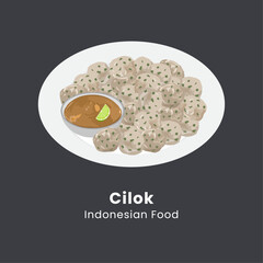 Vector cilok illustration indonesian food with cartoon style. Traditional Street Food from West Java, Made from Tapioca or Aci Flour. Cilok is a Round Shaped Ball with Peanut Sauce