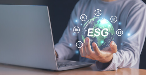 ESG, Environmental, Social and Governance Sustainable Industry of Business global warming reduction concept on green background	