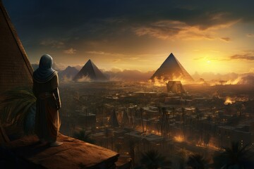 Bustling Person man egyptian city. Architecture stone tomb. Generate AI