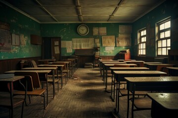 Fototapeta na wymiar Dusty Empty classroom. Desk table school. Generate Ai