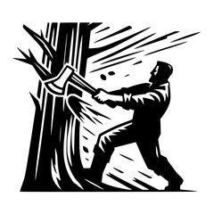 Black and white vector image of a man with an axe cutting large tree
