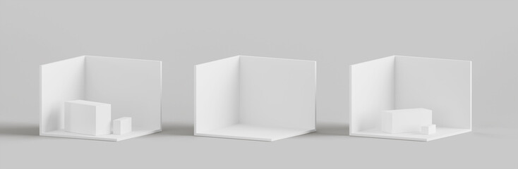 Isometric empty white room of home or office and exhibition booth stands 3d render icons set. Mockup blank corner showroom, museum or art gallery with wall, floor and podium display. 3D illustration © marozhkastudio