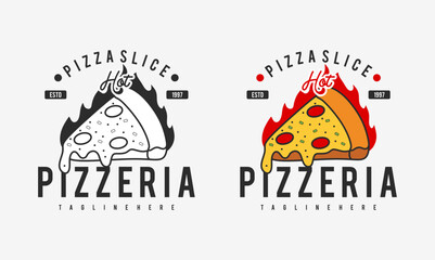  hot pizzeria restaurant vintage logo design. pizza slice symbol for food drink and restaurant. - obrazy, fototapety, plakaty