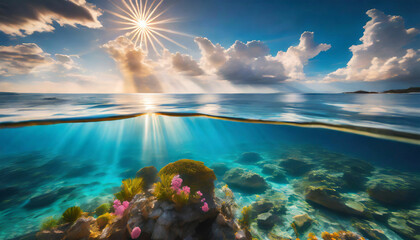 Fototapeta na wymiar Split Underwater View with Sunny Sky Above