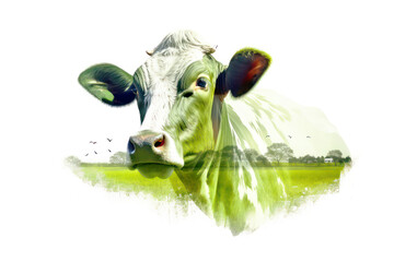 Holistic pasture management concept. Minimalist double exposure with a cow and nature.