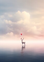 Fluffy christmas reindeer with santa hat posing on the top of the water lake river or sea, in dreamy surreal landscape setup with clouds and sky. New year 2024 happy text copy space or greeting card.