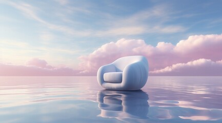 Fluffy armchair posing on the top of the water lake river or sea, in dreamy surreal landscape setup with pastel clouds and sky. Romantic love concept.
