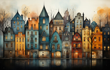 Obraz premium Bold and Elegant Watercolor Cityscape: Architectural Masterpieces in Light Gold, Dark Silver, Teal, and Raspberry Tones, a Lovely and Colorful Urban Artwork