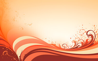 Abstract warm orange floral wallpaper background widescreen design in warm sunset hues, with swirls, ornate flourishes,  splatters and curves.