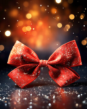 Christmas background with copy space, red shimmer bow, new year magic lights bokeh background. Winter holidays festive decoration, greeting card.