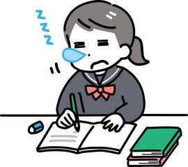 勉強中に寝てしまう中学生の女の子(上半身)